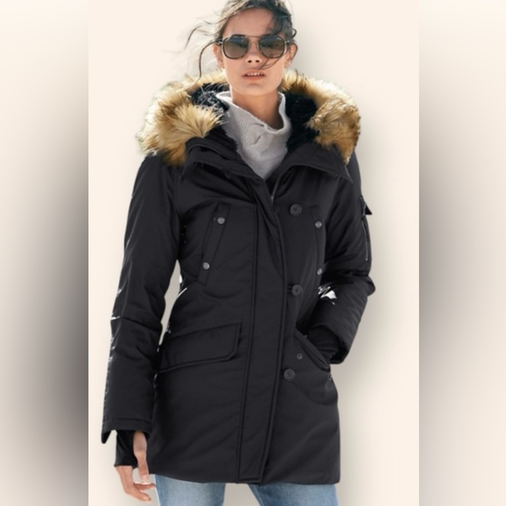 S13 Black Alps Faux-Fur-Trim Hooded Parka Size M